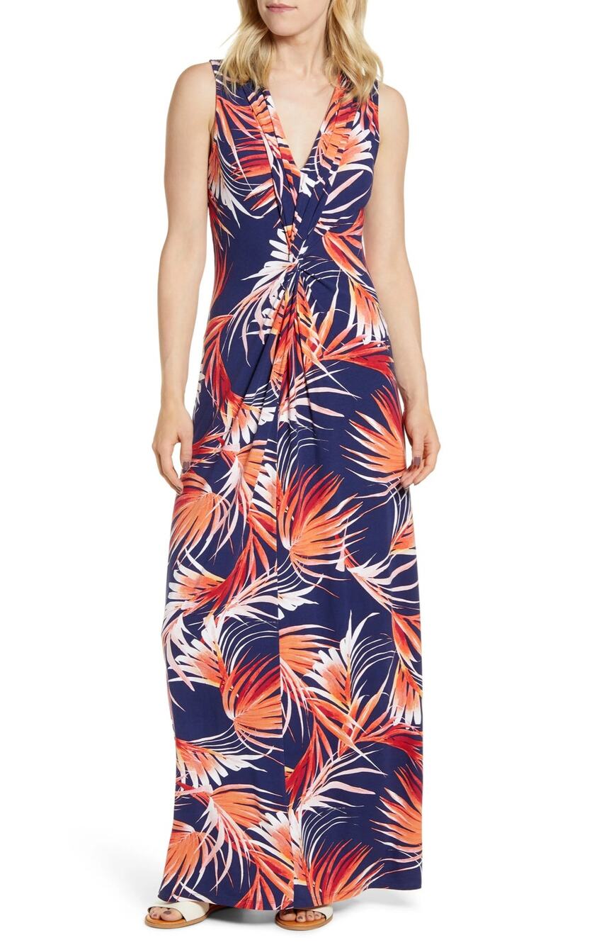 Tommy Bahama Tropical Leaves Print Maxi Dress size Large Beachy preppy boho
